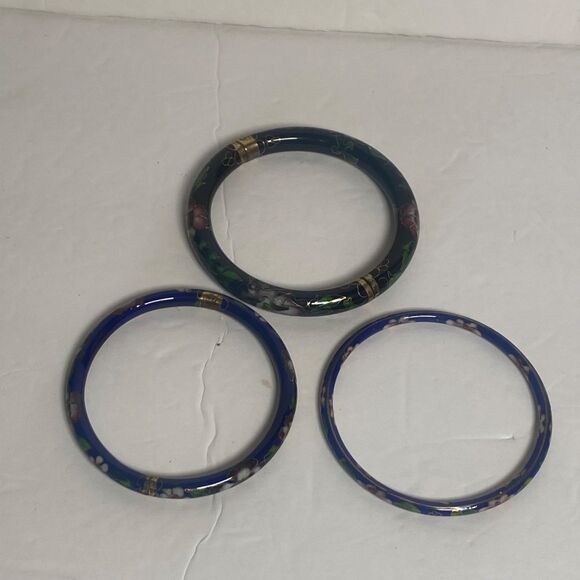 Vintage Cloisonné Enamel Bangle Bracelet Lot-Set of 3-Floral–Mixed Thickness - Picture 1 of 8